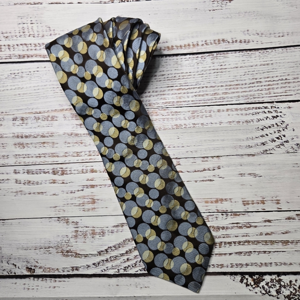 Ted Baker Brown Blue & Beige Woven Silk Geometric Circles Tie 59 X 4"